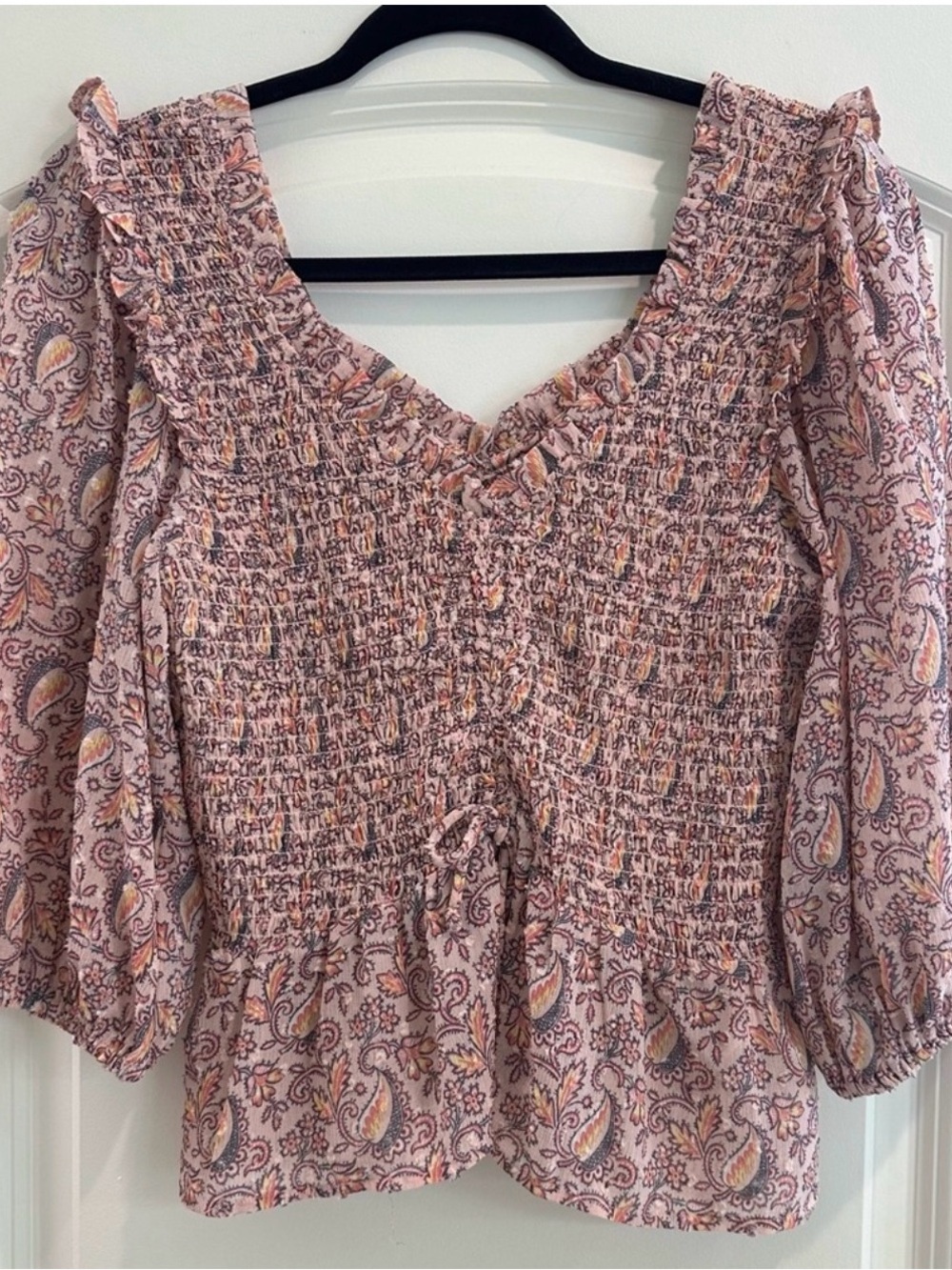 Top Shop Smocked Peasant Blouse - Pink Paisley